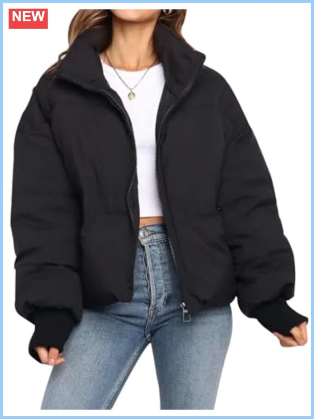 Cropped Puffer Jacket Womens Quilted Winter Coat Warm Zip Up Puffer